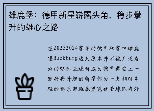 雄鹿堡：德甲新星崭露头角，稳步攀升的雄心之路