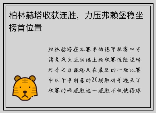 柏林赫塔收获连胜，力压弗赖堡稳坐榜首位置